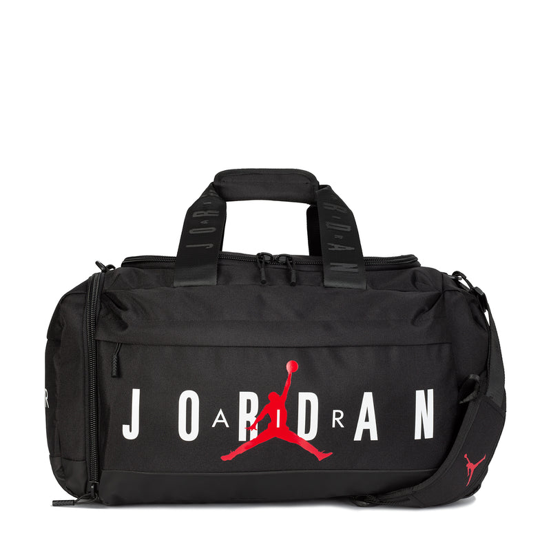 Black small duffel bag with Jordan Jumpman logo, top handles and zip pockets