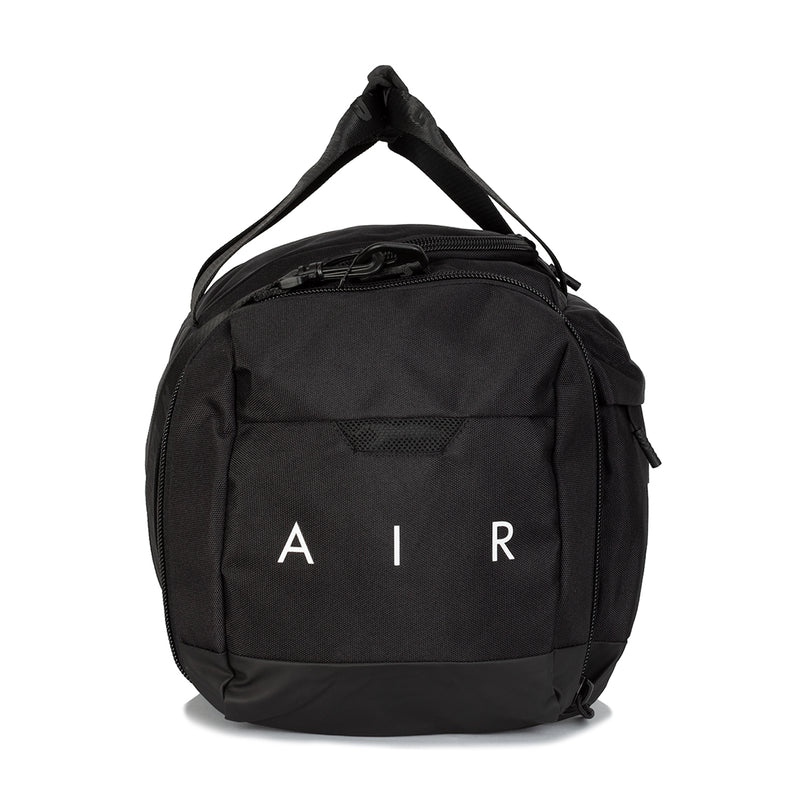 Black small duffel bag with AIR text front panel and shoulder strap, zip closure