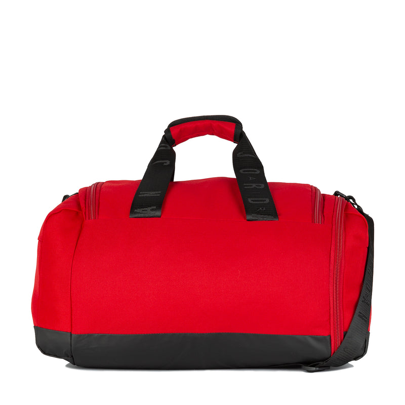 Small red and black duffel bag with top handles and side zipper pocket
