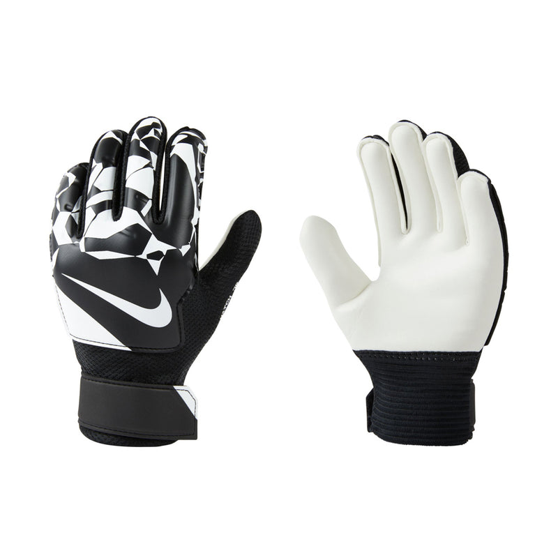 Junior goalkeeper gloves, black and white with Nike swoosh and textured backhand