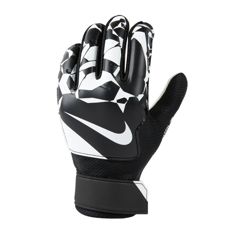 Junior goalkeeper gloves, black palm with white stripes and Nike logo on backhand