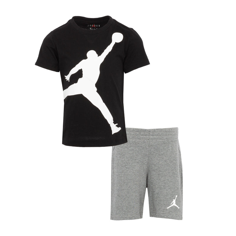 Toddler short set with black T-shirt and heather-gray shorts, white Jumpman graphics