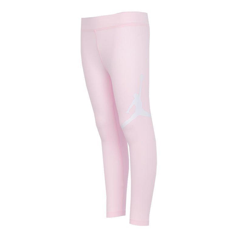 Youth pink leggings, side view, white Jumpman logo on outer thigh
