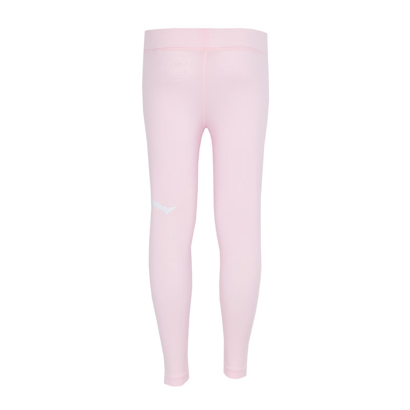 Youth pink foam leggings, back view, white Jumpman logo on lower leg