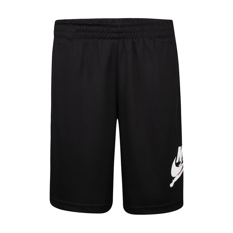 Youth black mesh athletic shorts with elastic waistband, drawcord, and side logo