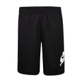 Youth black mesh athletic shorts with elastic waistband, drawcord, and side logo