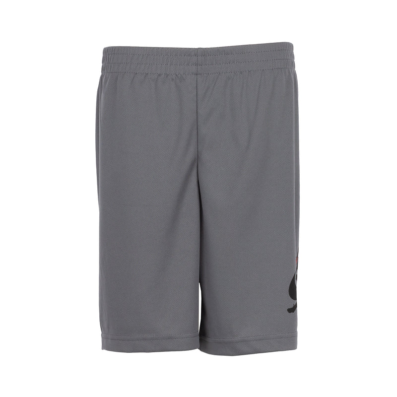 Youth dark gray mesh shorts with elastic waistband and small side logo