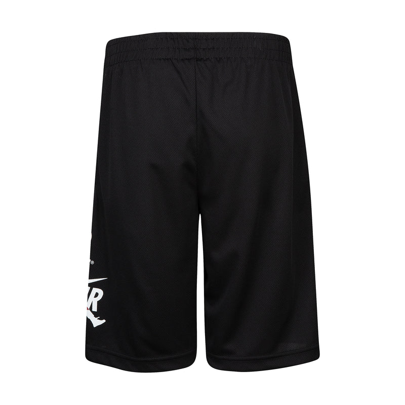 Youth black mesh athletic shorts with elastic waistband, drawcord, and side logo