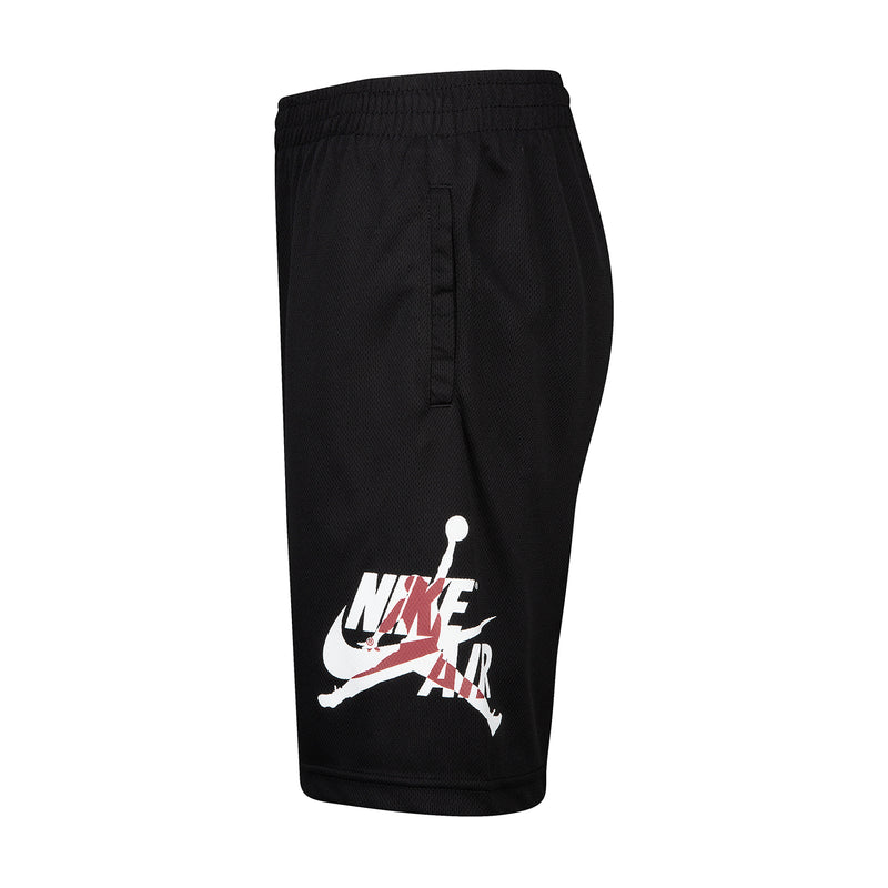 Youth black mesh athletic shorts with elastic waistband and large side logo print