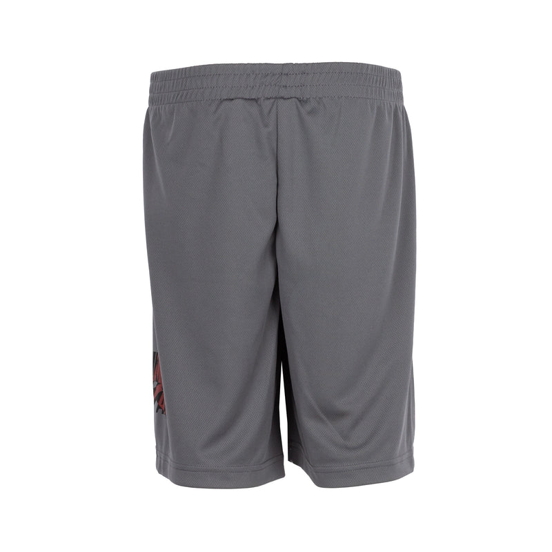 Youth dark gray mesh shorts with elastic waistband and small graphic on left hem