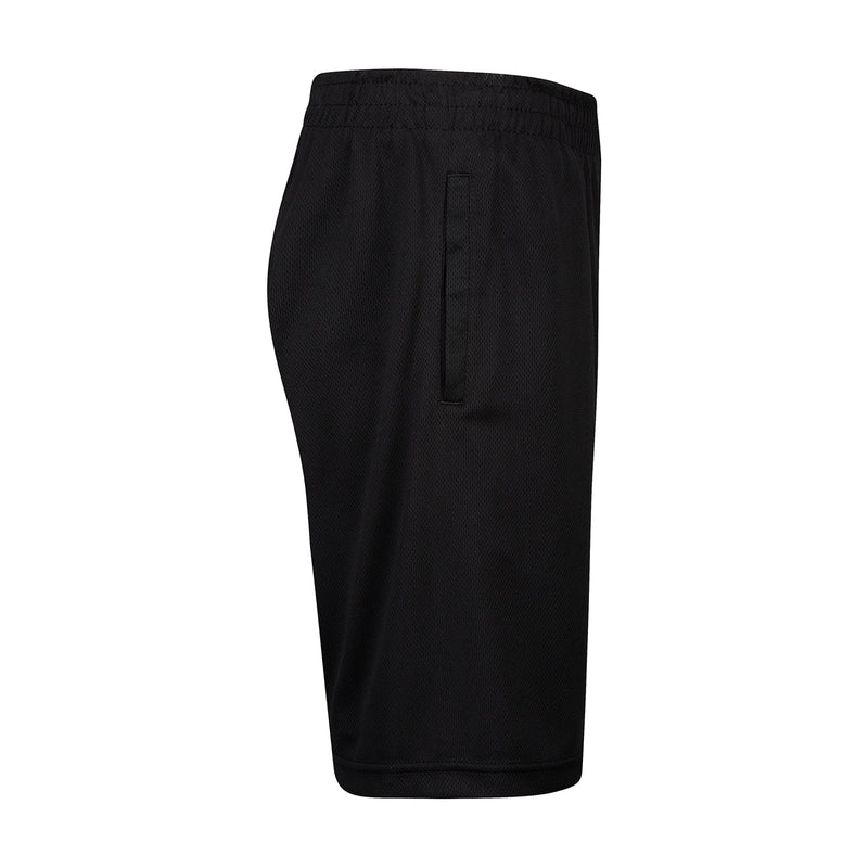 Youth black mesh athletic shorts with elastic waistband, back seam, and drawcord