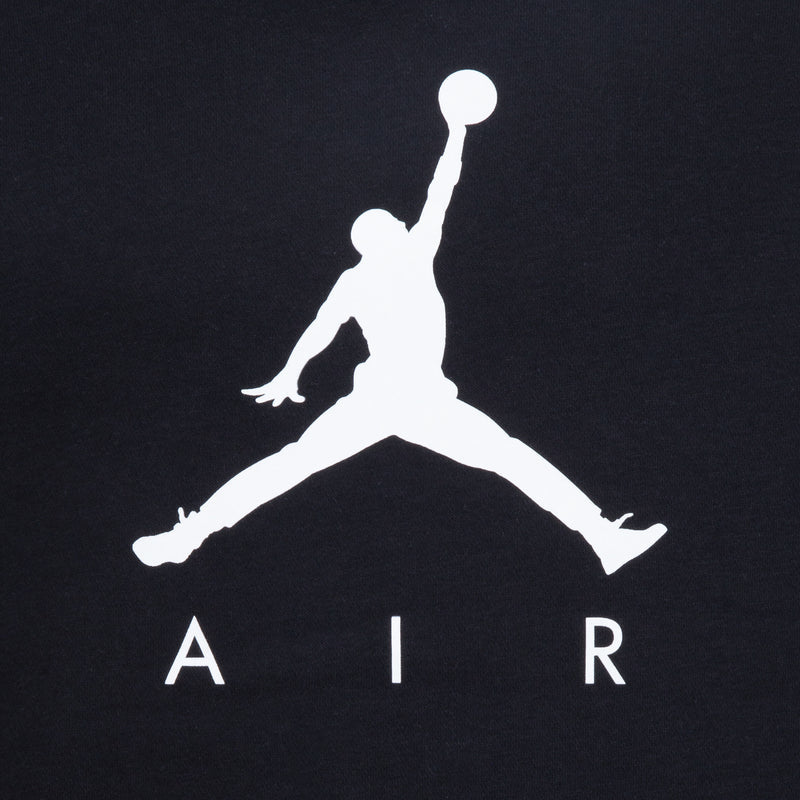 Youth black fleece pullover close-up of Jumpman logo and AIR text