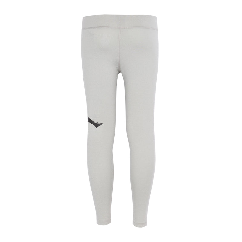 Youth grey heather leggings with black Jumpman logo on left thigh, back view