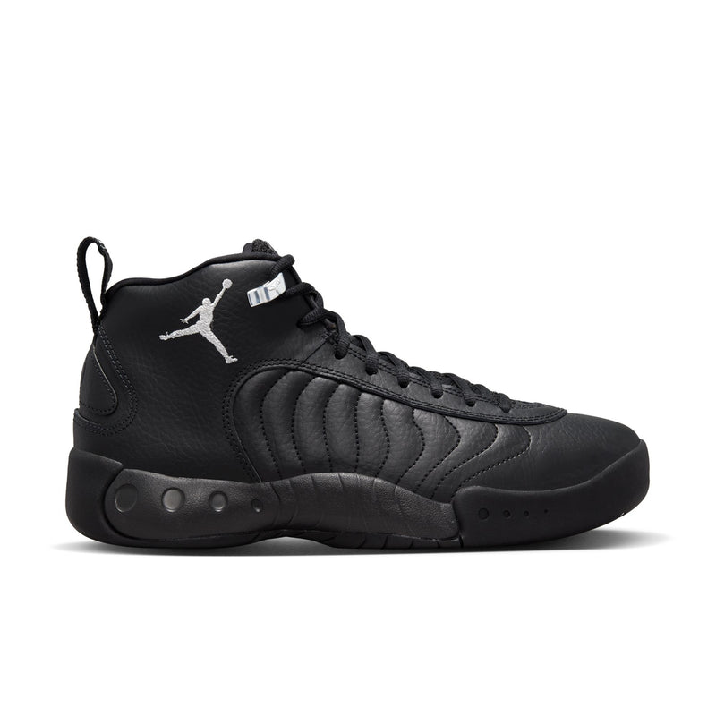 Men's black high-top leather sneaker with white Jumpman logo and lace-up closure