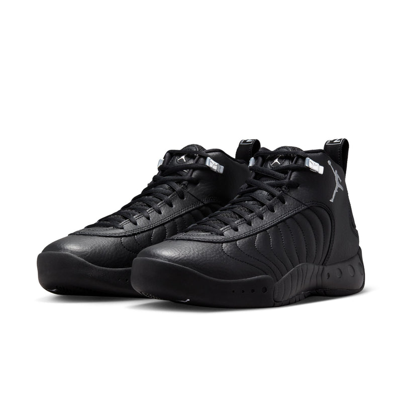 Black high-top sneaker pair with lace-up design and quilted side panels
