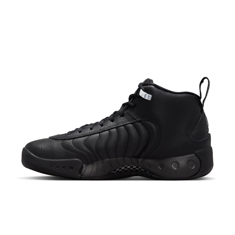 Black high-top sneaker with quilted side stripes, lace-up closure, and pull tab