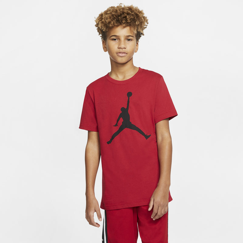Youth red T-shirt featuring a black Jumpman silhouette graphic