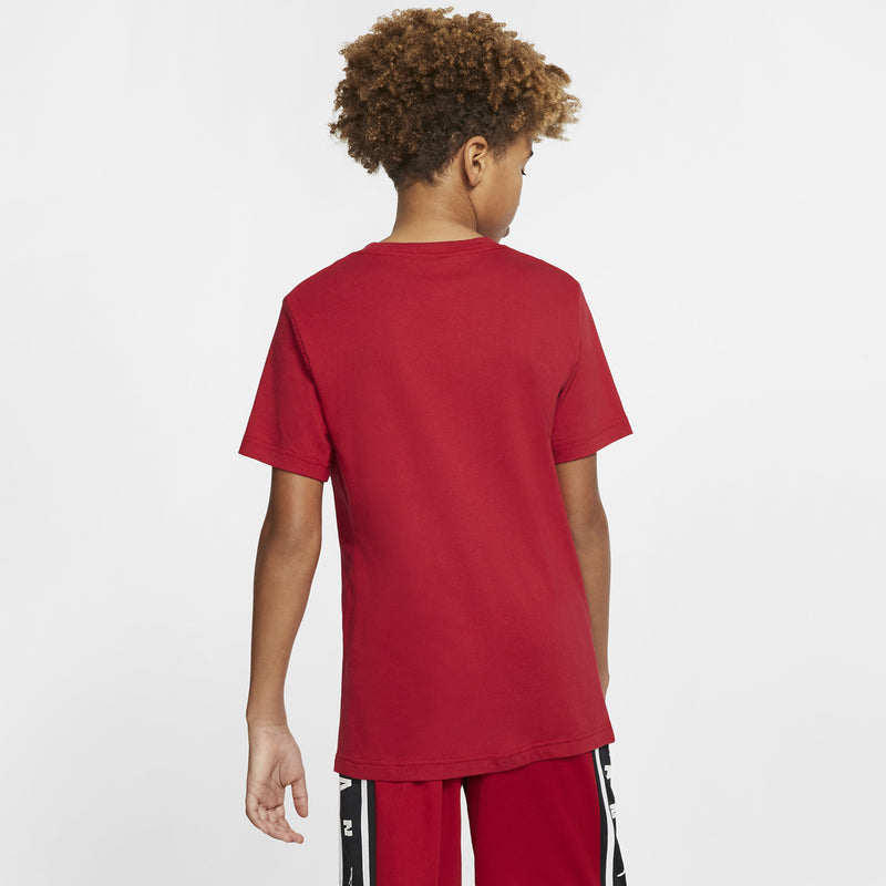 Youth red T-shirt back view with plain design and short sleeves
