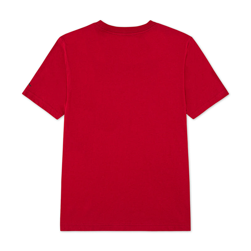 Youth red T-shirt flat lay, plain back with crew neckline