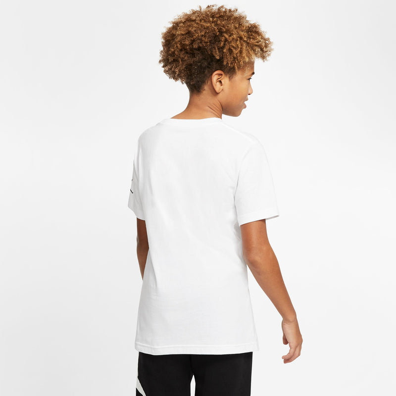 Youth Jumpman graphic T-shirt in white, back view with small logo near hem