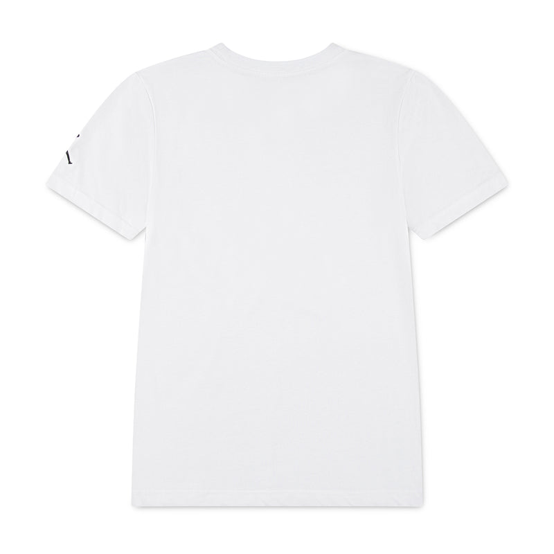 Youth Jumpman graphic T-shirt in white, crew neck, back view with small logo