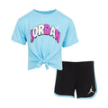Kids light-blue T-shirt with JORDAN graphic and knotted front, black shorts set