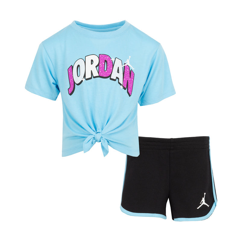 Kids light-blue T-shirt with JORDAN graphic and knotted front, black shorts set