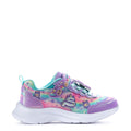 Kids sneakers, purple-to-rainbow upper with teal laces and critter character graphics.