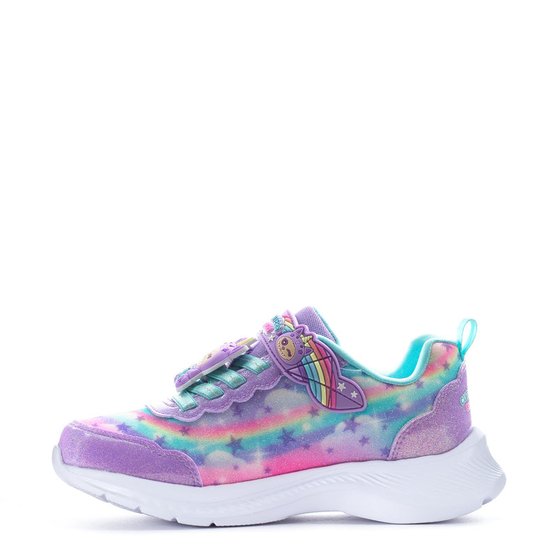 Kids sneakers, side view of purple-to-rainbow upper with teal accents and padded collar.
