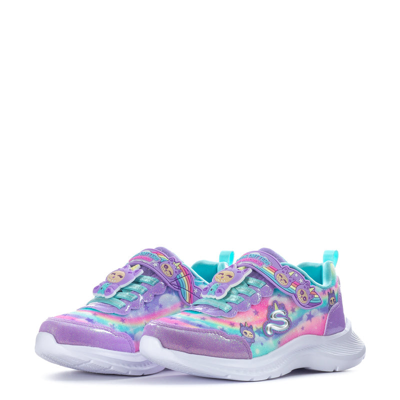 Kids sneakers pair, purple-and-teal rainbow uppers with star patterns and lace-up ties.