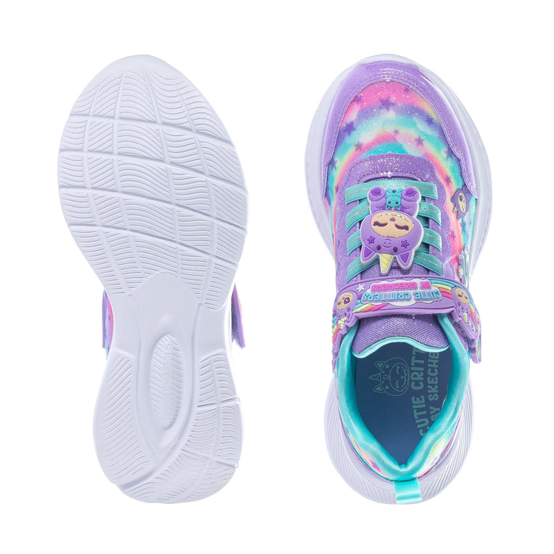 Kids sneakers showing white outsole tread and teal-lined toe opening.