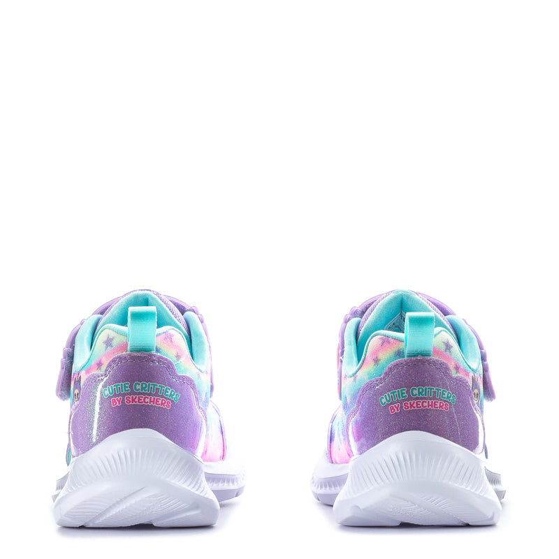 Kids sneakers back view, purple-to-rainbow uppers with heel pull tab and white sole.