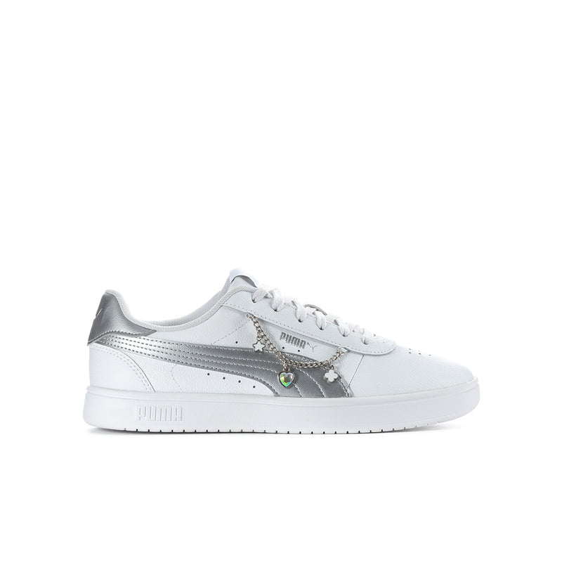 White and silver Puma youth sneaker with lace-up and metallic side stripe detail