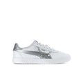 White and silver Puma youth sneaker with lace-up and metallic side stripe detail