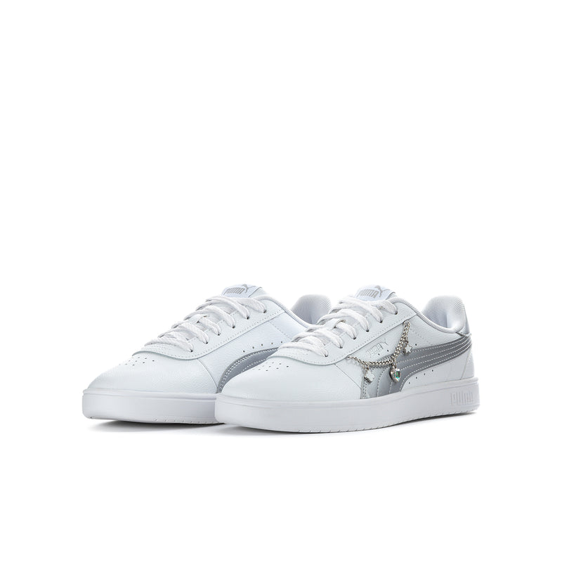 White and silver Puma youth sneaker, lace-up with side charm and metallic accents