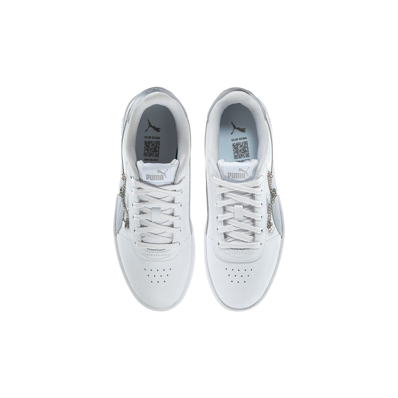 White Puma youth sneaker pair, front view with lace-up and perforated toe