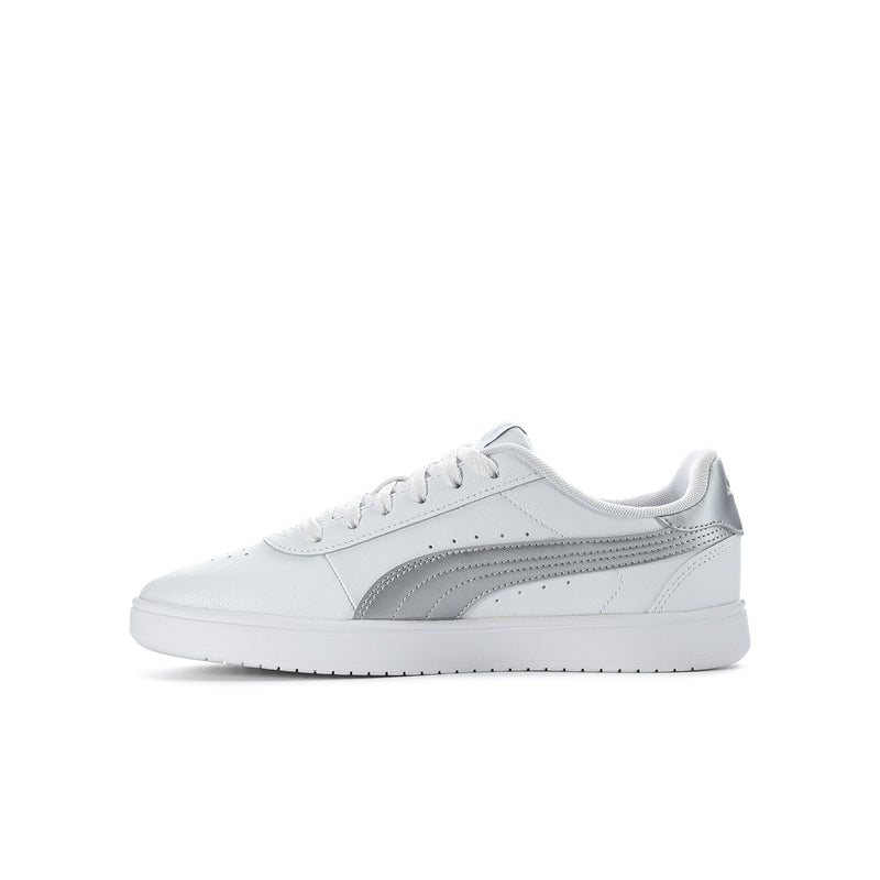 White and silver Puma youth sneaker with lace-up and smooth side panel detail