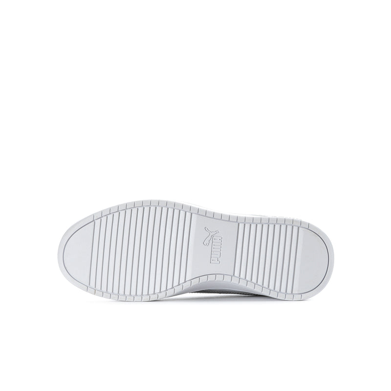 White youth sneaker outsole with textured tread and striped grip pattern