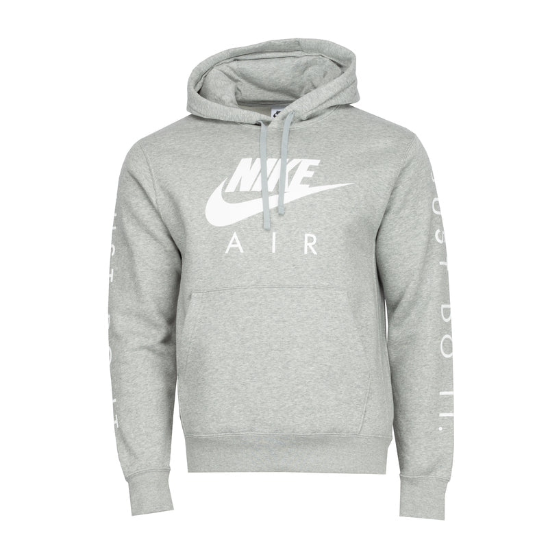 Men's dark gray heather hoodie with Nike Air logo, pullover hood, kangaroo pocket