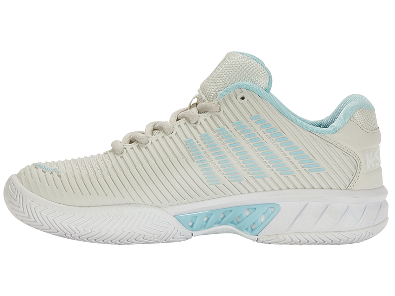 K-Swiss Women's Hypercourt Express 2 Wide Tennis Shoes in Vaporous Gray/White/Blue Glow