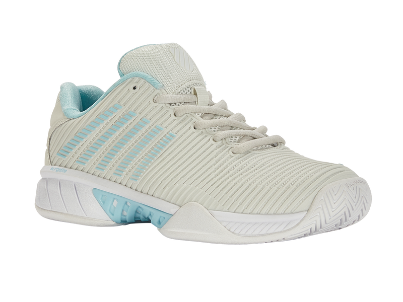 K-Swiss Women's Hypercourt Express 2 Wide Tennis Shoes in Vaporous Gray/White/Blue Glow