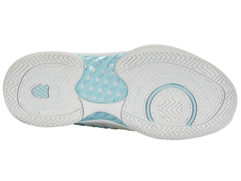 K-Swiss Women's Hypercourt Express 2 Wide Tennis Shoes in Vaporous Gray/White/Blue Glow