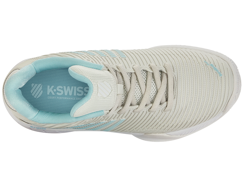 K-Swiss Women's Hypercourt Express 2 Wide Tennis Shoes in Vaporous Gray/White/Blue Glow