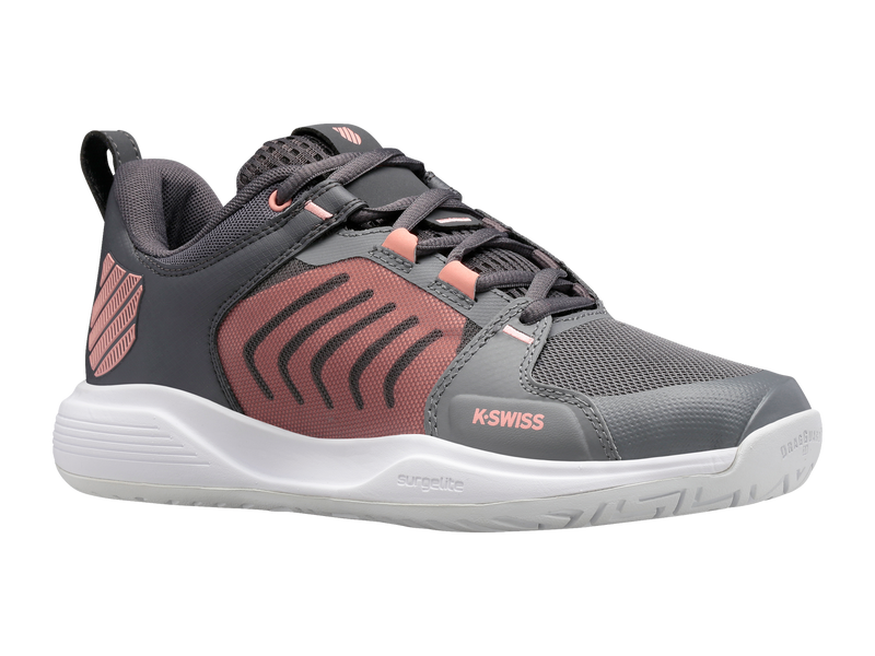 K-Swiss Womens Ultrashot Team Tennis Shoes in Steel Gray/Asphalt/Peach Amber