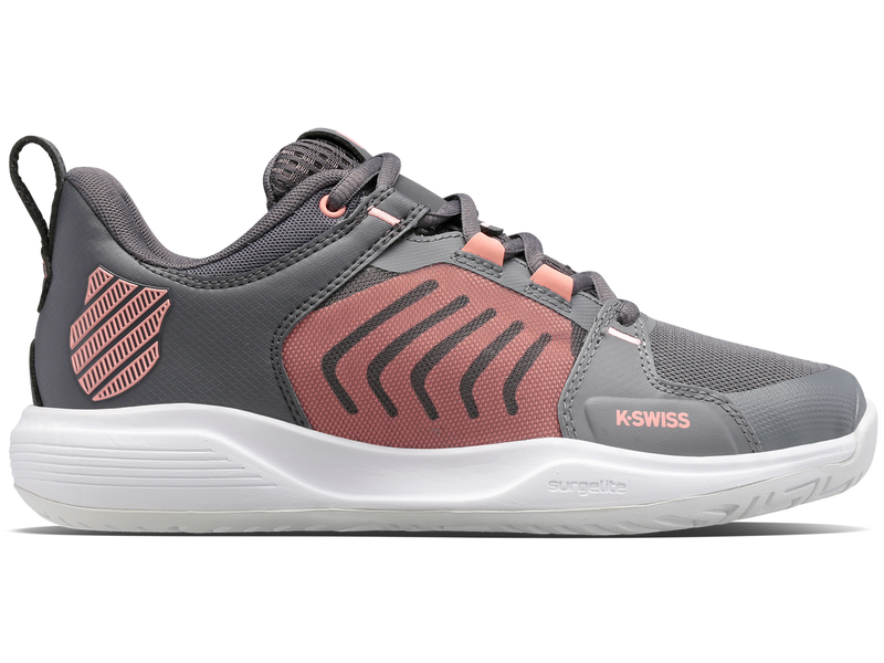 K-Swiss Womens Ultrashot Team Tennis Shoes in Steel Gray/Asphalt/Peach Amber