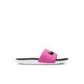 Kids slide sandal in fuchsia with black strap, white midsole, black Nike Swoosh.