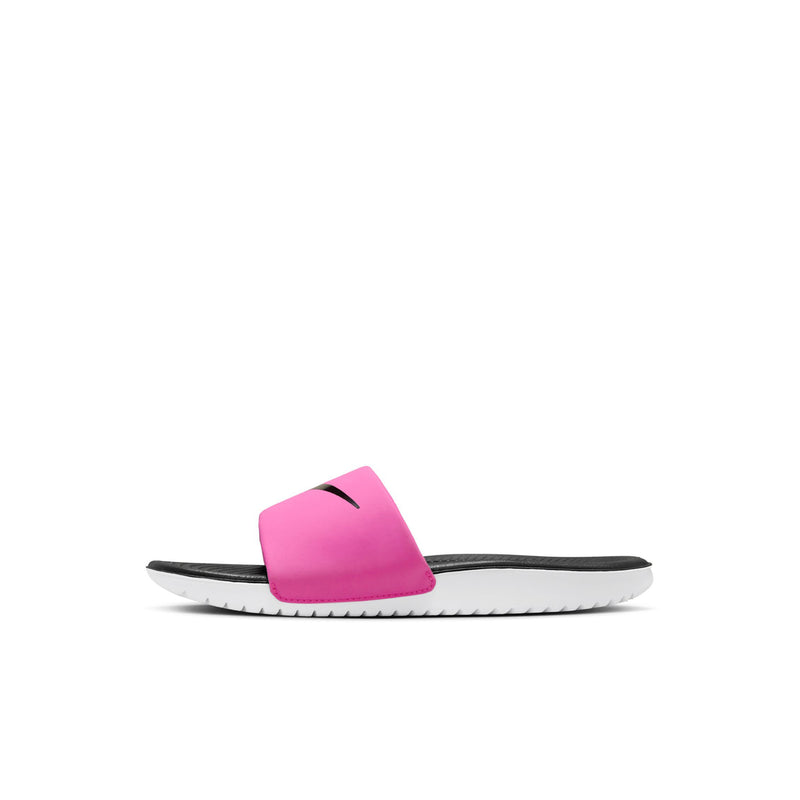 Kids slide sandal with fuchsia top strap, black outsole, white ridged midsole.
