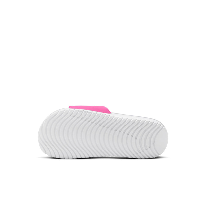 Kids slide sandal outsole view, white traction sole with fuchsia strap detail.