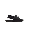 Toddler black slide sandals with white Swoosh logo and wide strap