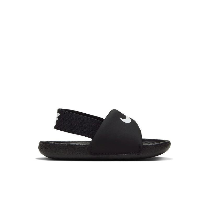 Toddler black slide sandals with white Swoosh logo and wide strap